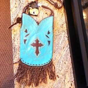 MONTANA SILVERSMITH'S LEATHER Vintage 2000 Boot Top Purse Turquoise Cross NWT